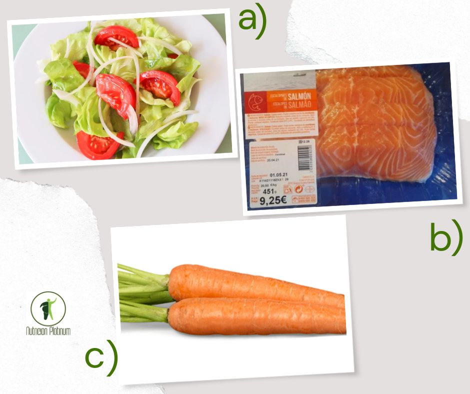 Ensalada de lechuga y tomate con salmón a la plancha y  Zanahorias tamaño PUÑO